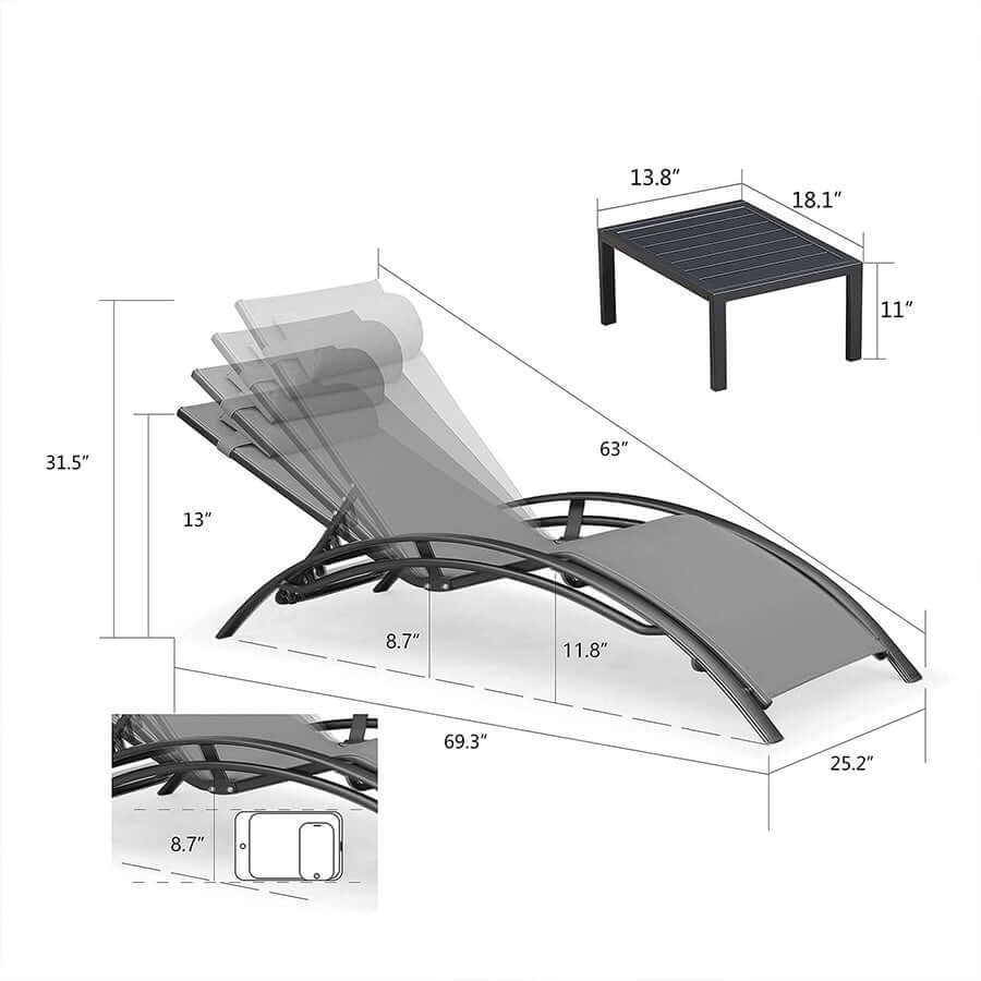 PURPLE LEAF Patio Chaise Lounge Set Outside Side Table Included for Beach Pool Sunbathing Lawn