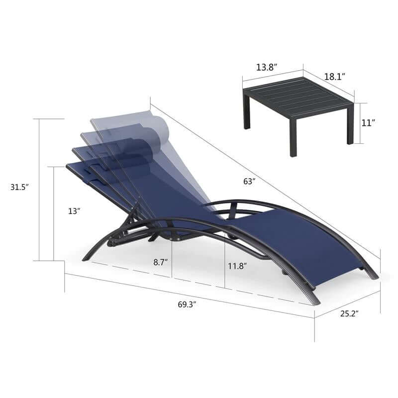 PURPLE LEAF Patio Chaise Lounge Set Outside Side Table Included for Beach Pool Sunbathing Lawn