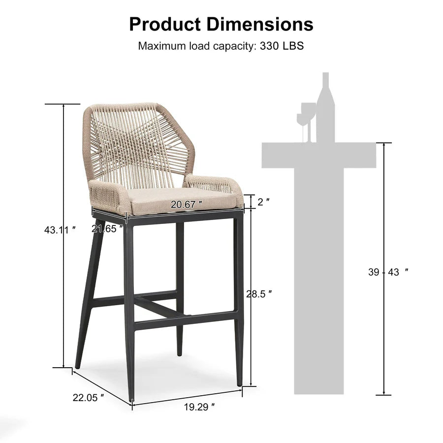 PURPLE LEAF Outdoor Bar Stool Set of 2, Wicker Rattan Bar stools with Back Aluminum Outside Garden Patio Bar Chairs