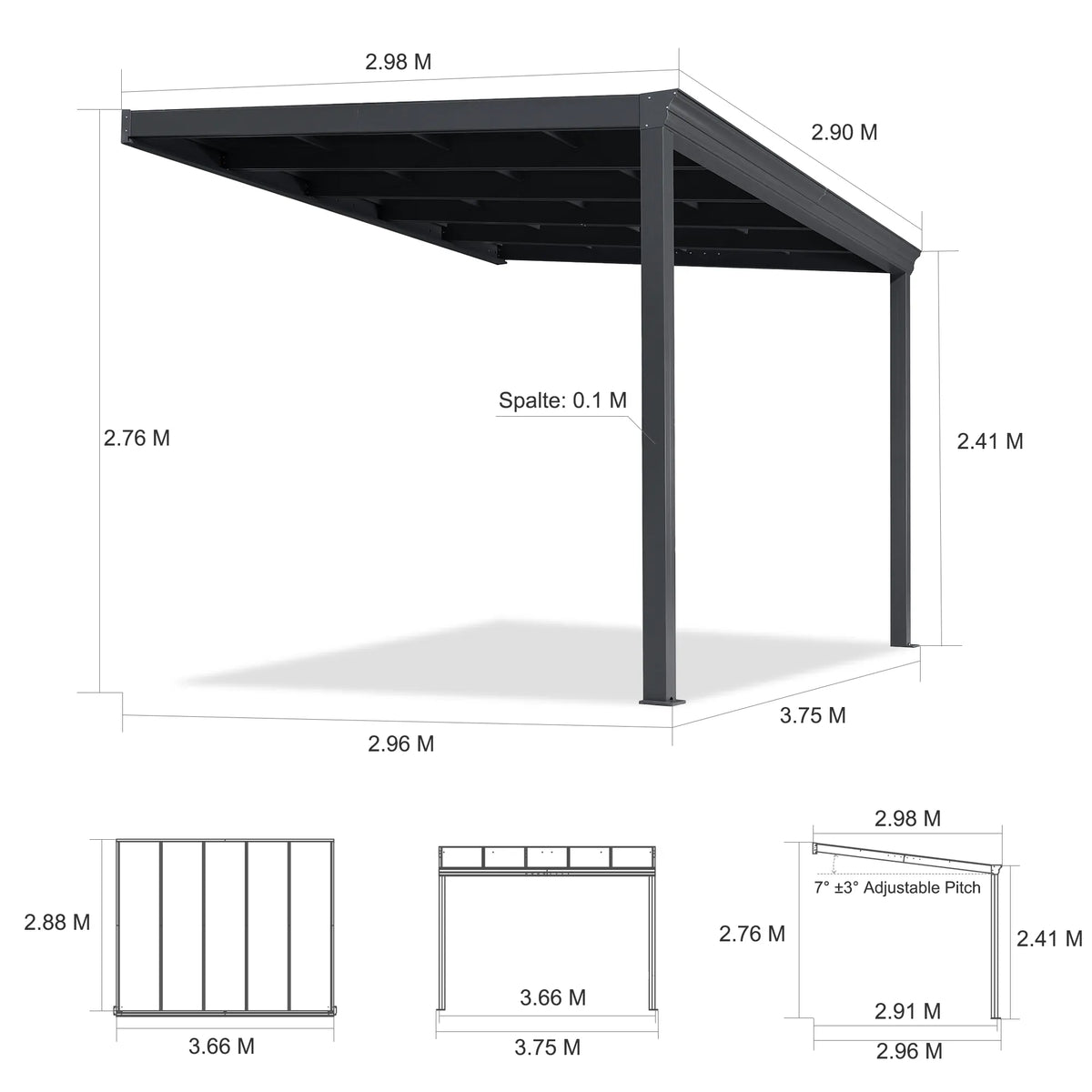 PURPLE LEAF Wall Mounted Gazebo with Grey Polycarbonate Roof Aluminum Frame Patio Cover for Porch