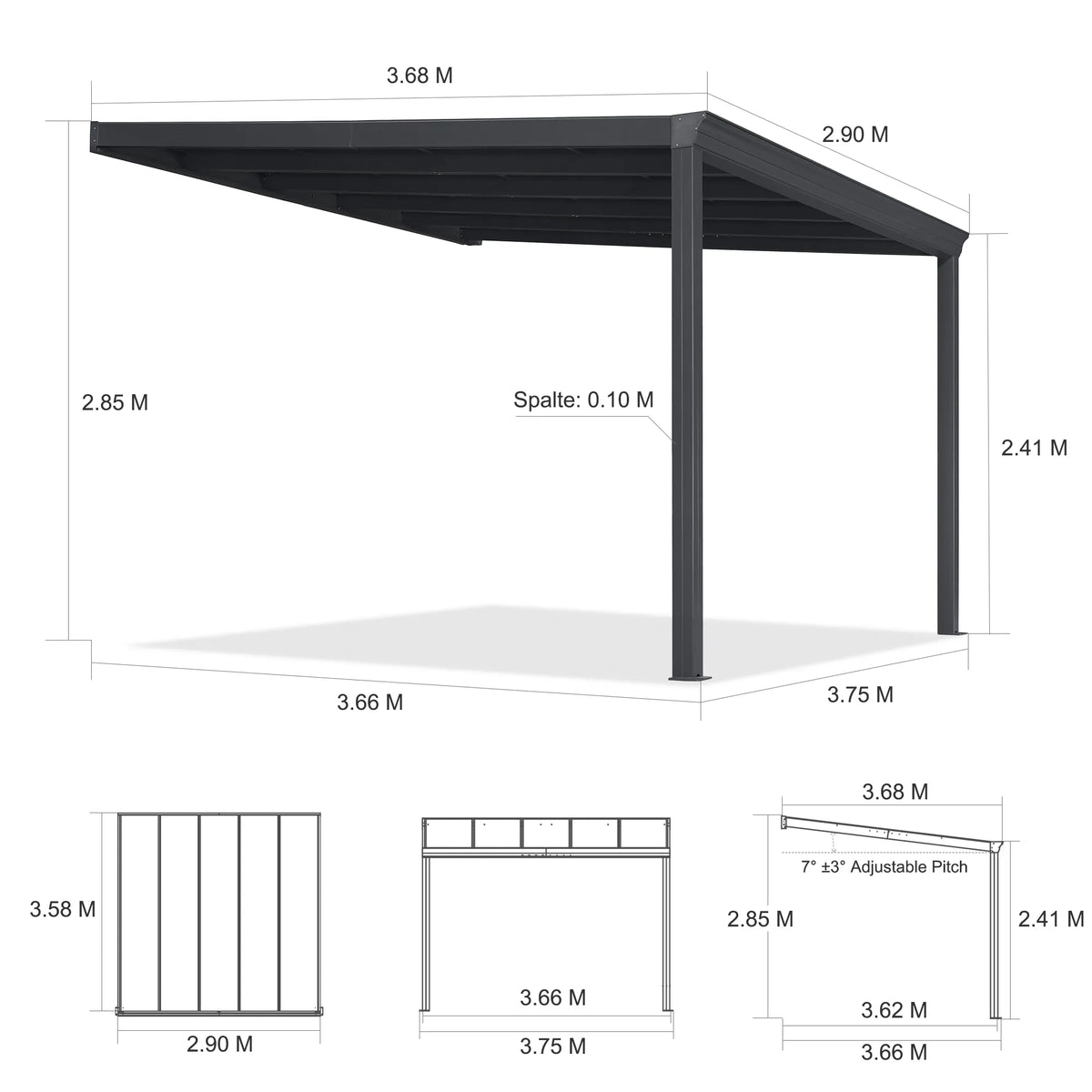 PURPLE LEAF Wall Mounted Gazebo with Grey Polycarbonate Roof Aluminum Frame Patio Cover for Porch