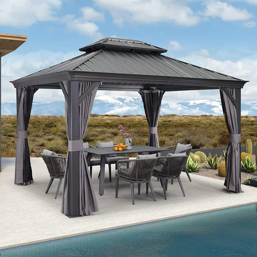 PURPLE LEAF Patio Gazebo for Backyard Grey Hardtop Galvanized Steel Roof Awning with Upgrade Curtain