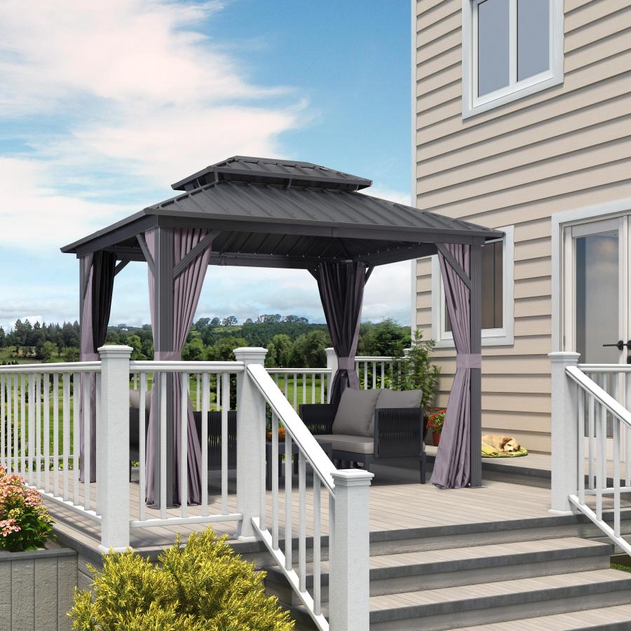 PURPLE LEAF Grey Hardtop Gazebo with Heavy Duty Galvanized Steel Double Roof with Netting and Curtains