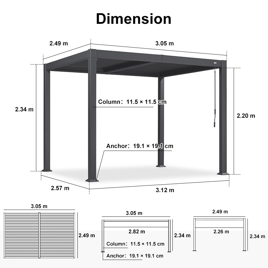 PURPLE LEAF Caesar Solar Louvered Pergola with LED Strip Lights and Control Panel Aluminum Outdoor Pergola with Adjustable Roof for Patio Deck Garden Yard Gray