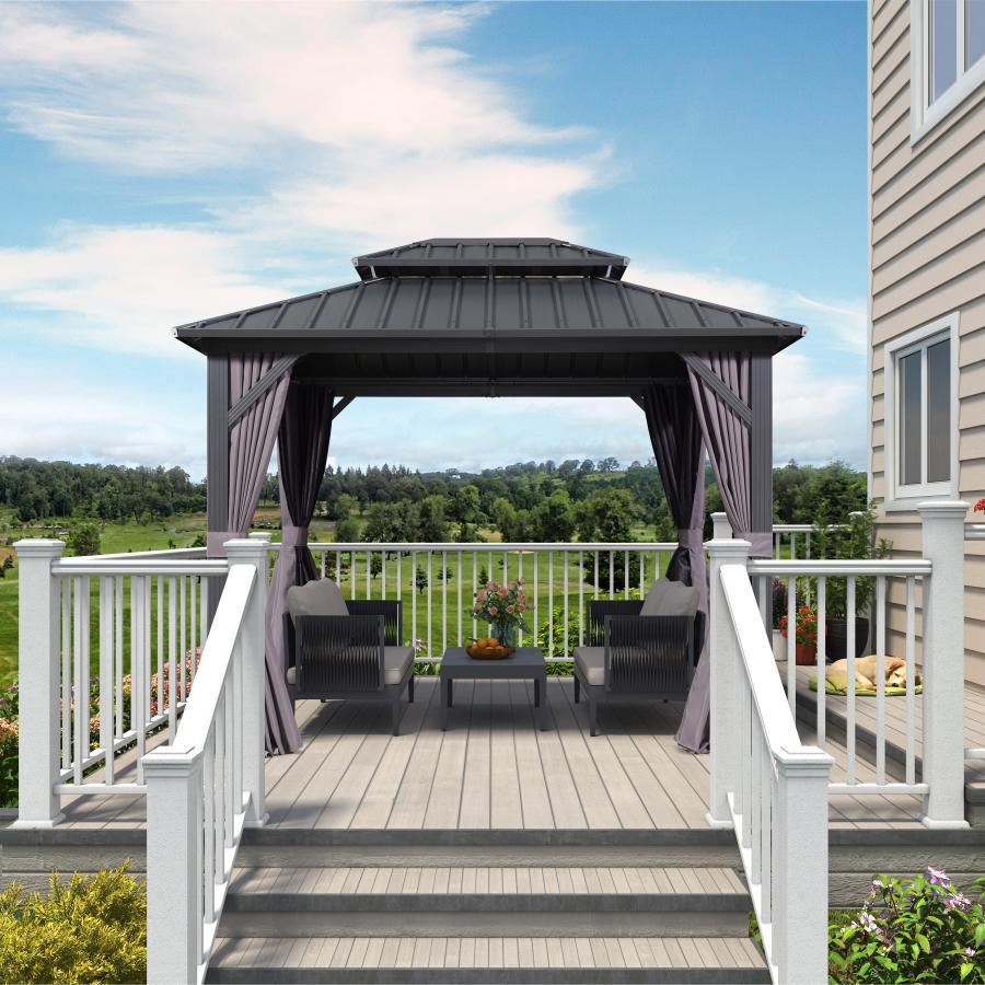 PURPLE LEAF Grey Hardtop Gazebo with Heavy Duty Galvanized Steel Double Roof with Netting and Curtains
