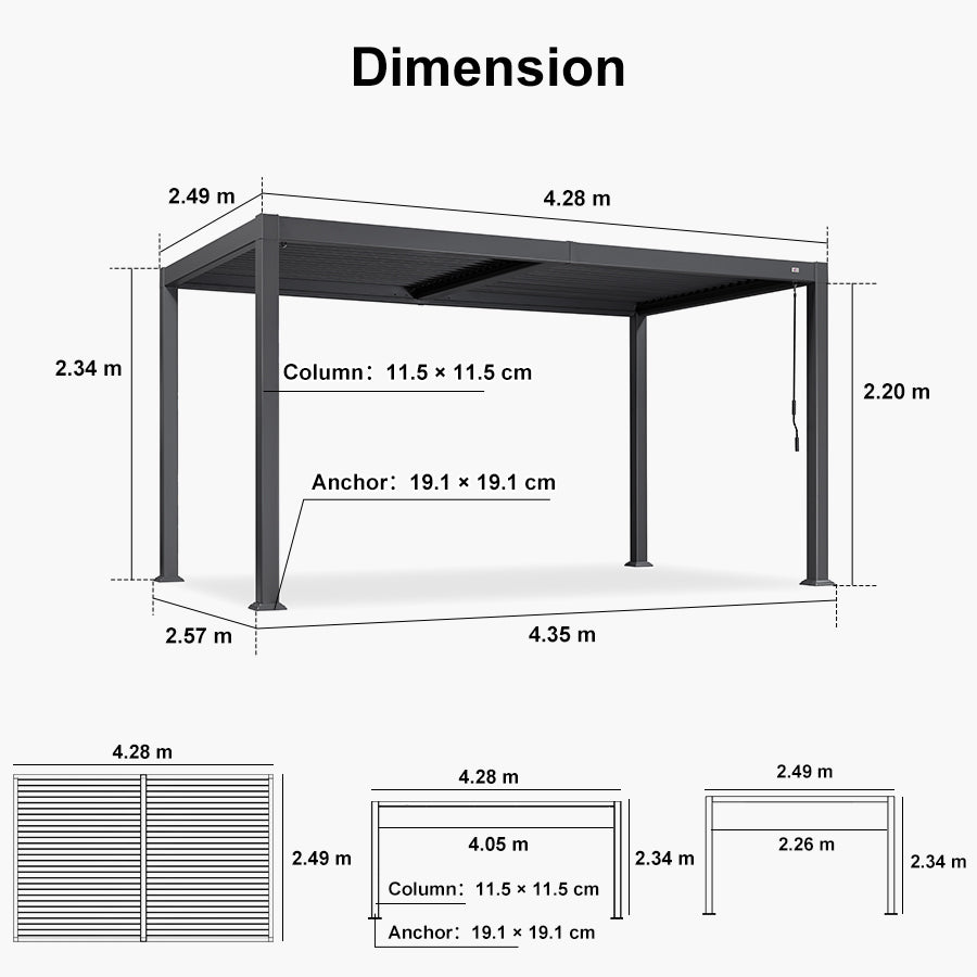 PURPLE LEAF Caesar Solar Louvered Pergola with LED Strip Lights and Control Panel Aluminum Outdoor Pergola with Adjustable Roof for Patio Deck Garden Yard Gray
