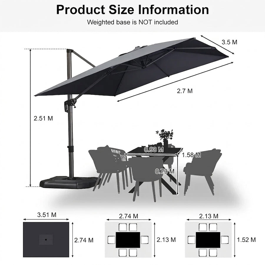 PURPLE LEAF Outdoor Umbrella Rectangle Aluminium Cantilever Umbrella with 360° Rotation for Garden pool beach