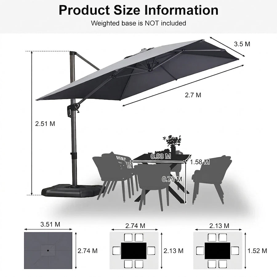 PURPLE LEAF Outdoor Umbrella Rectangle Aluminium Cantilever Umbrella with 360° Rotation for Garden pool beach