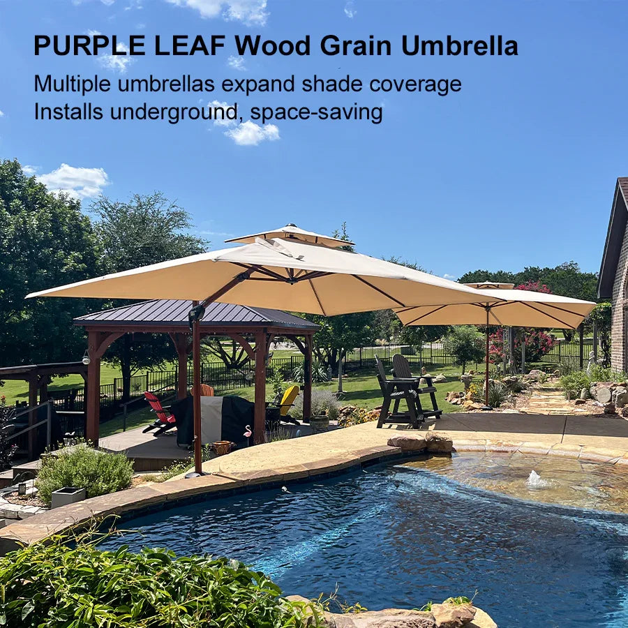 PURPLE LEAF Double Top Rectangle Aluminium Umbrellas in Wood Color