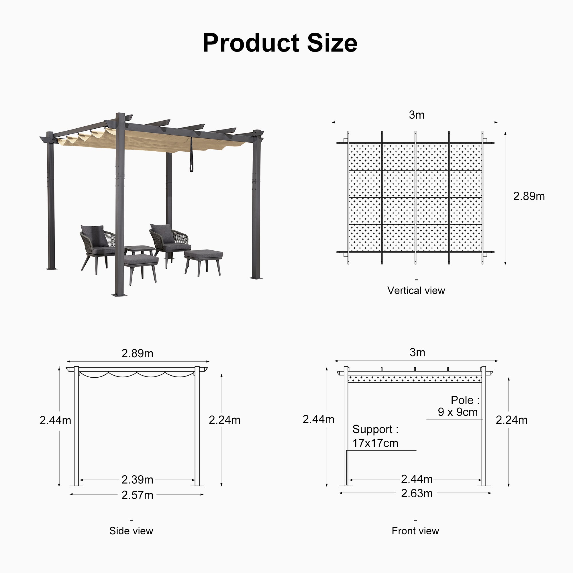 PURPLE LEAF Outdoor Retractable Pergola with Sun Shade Canopy Patio Aluminum Pergola for Garden