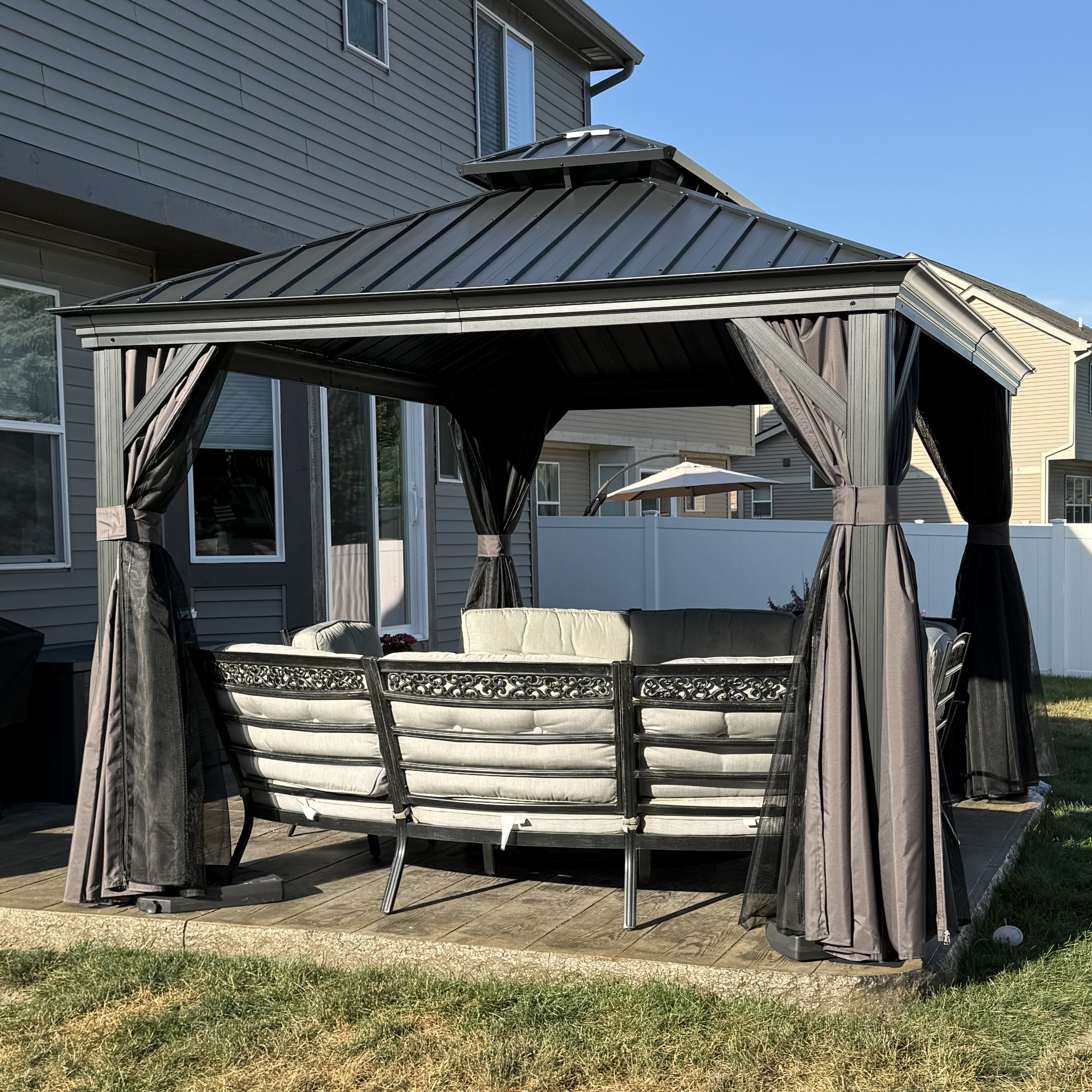 PURPLE LEAF Patio Gazebo for Backyard Grey Hardtop Galvanized Steel Roof Awning with Upgrade Curtain