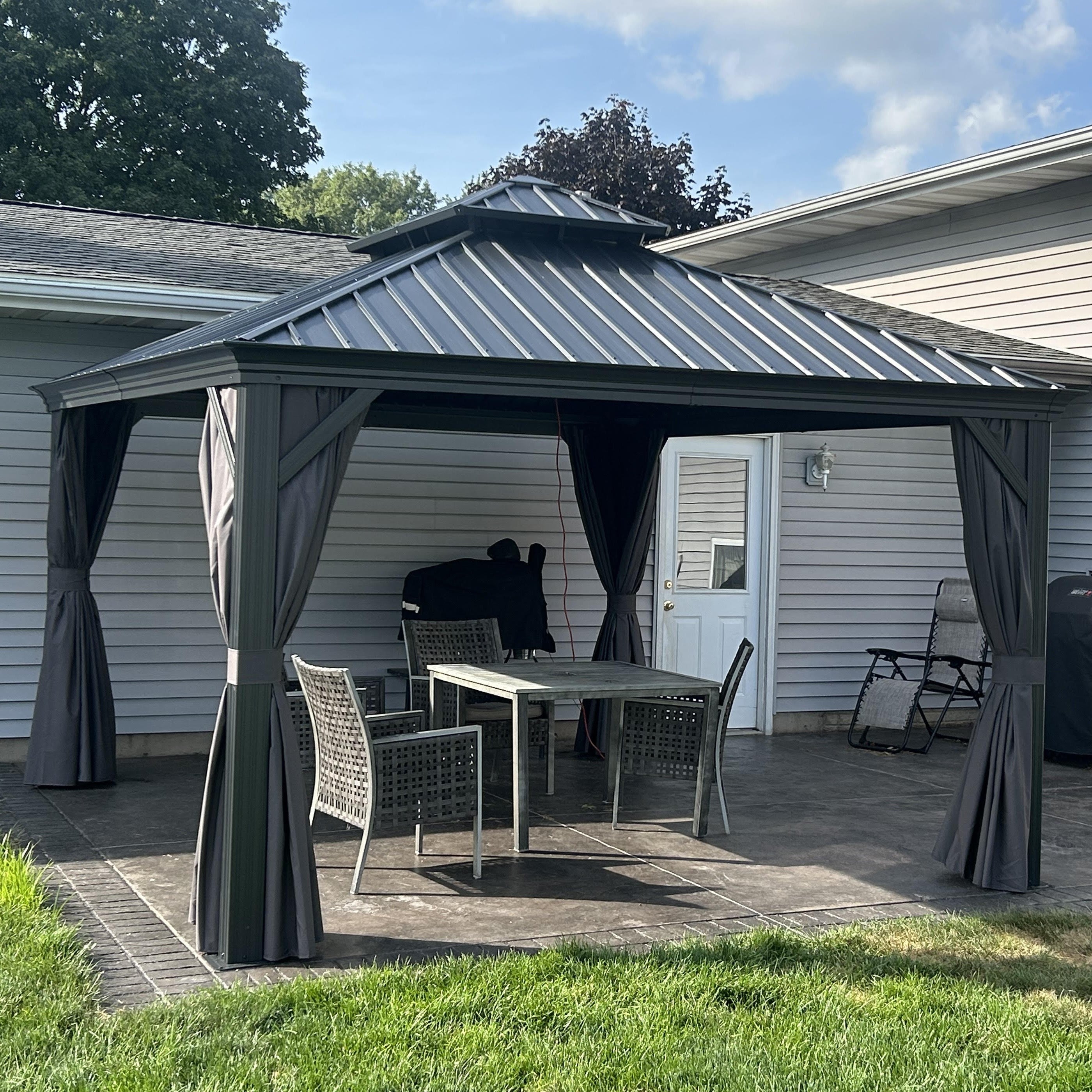 PURPLE LEAF Patio Gazebo for Backyard Grey Hardtop Galvanized Steel Roof Awning with Upgrade Curtain