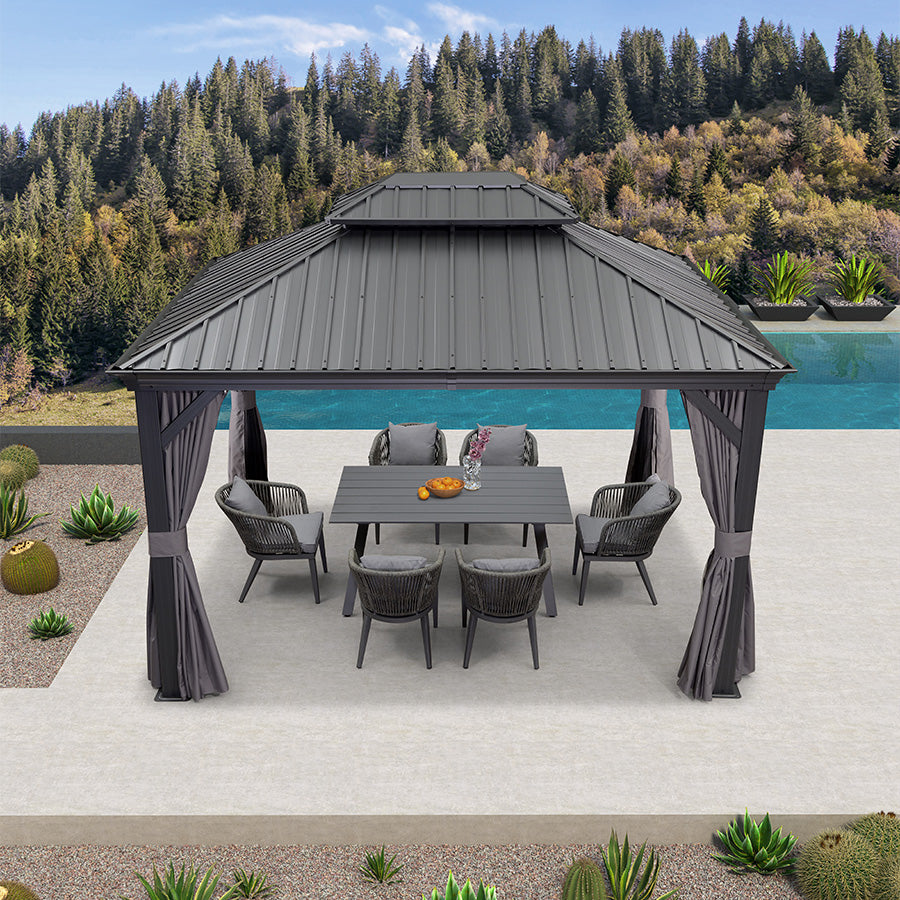 PURPLE LEAF Patio Gazebo for Backyard Grey Hardtop Galvanized Steel Roof Awning with Upgrade Curtain