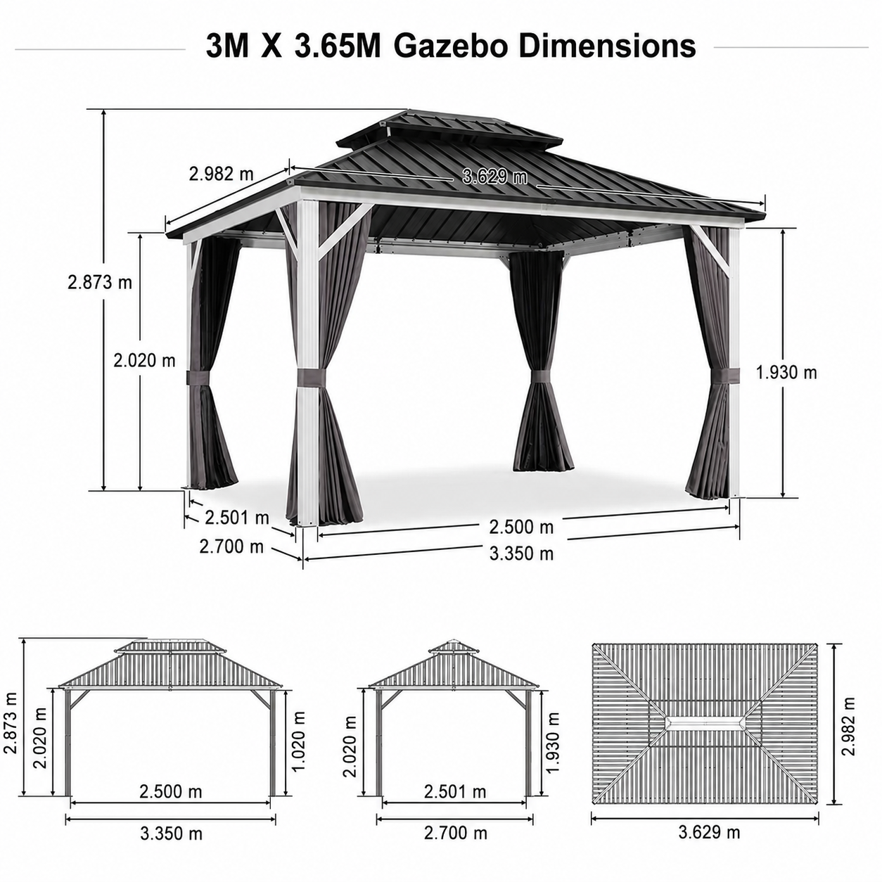 PURPLE LEAF Modern Gazebo Grey Hardtop Galvanized Steel Double Roof White Aluminum Poles with Curtains and Netting