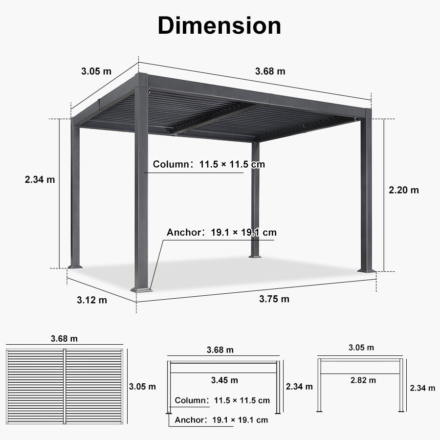 PURPLE LEAF Caesar Solar Louvered Pergola with LED Strip Lights and Control Panel Aluminum Outdoor Pergola with Adjustable Roof for Patio Deck Garden Yard Gray