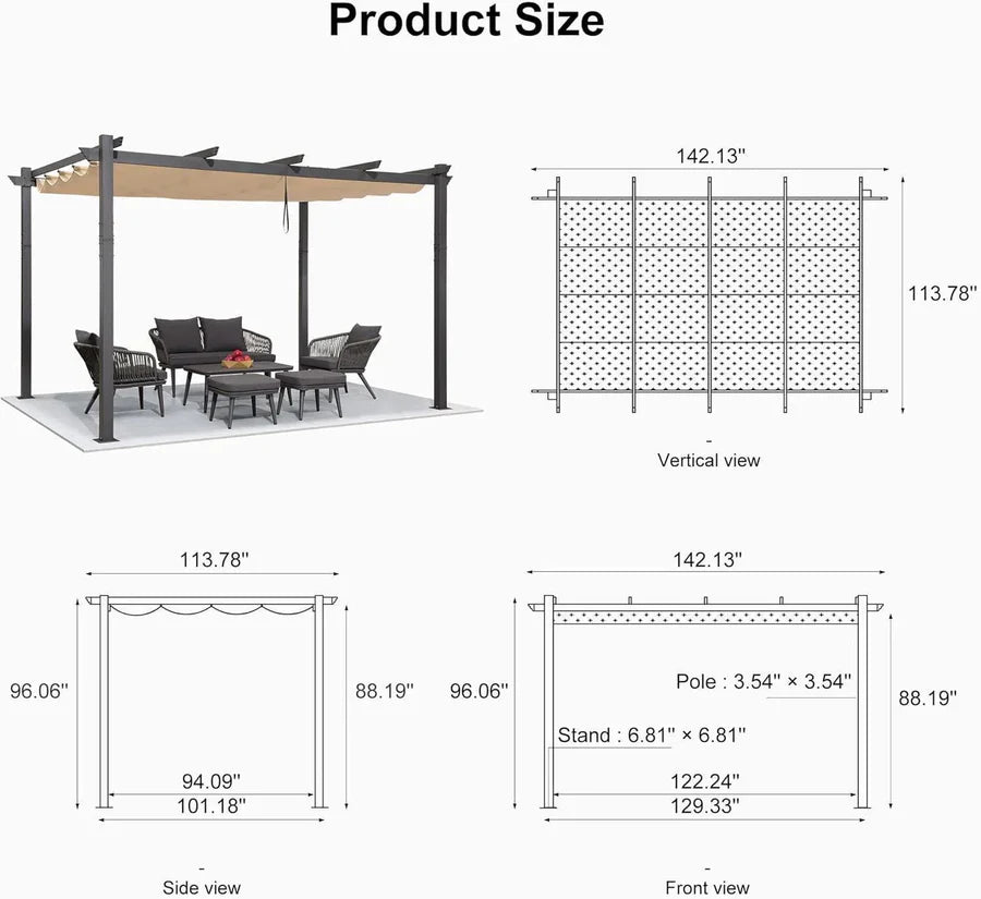 PURPLE LEAF Outdoor Retractable Pergola with Sun Shade Canopy Patio Aluminum Pergola for Garden