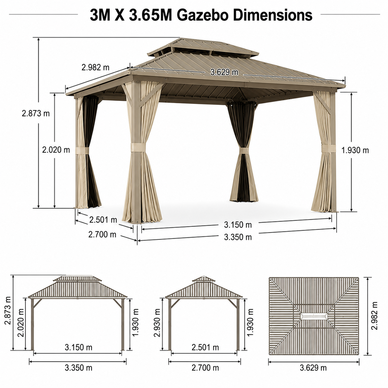 PURPLE LEAF Deck Gazebo Champagne Hardtop Metal Frame Double Roof with Curtains and Netting