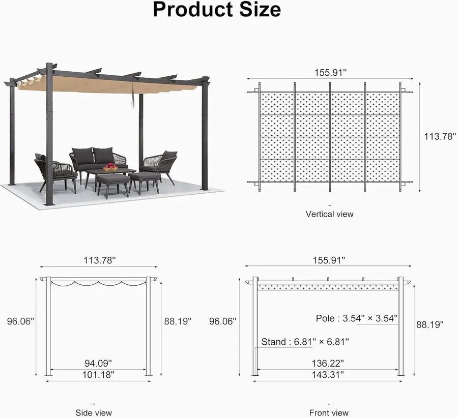 PURPLE LEAF Outdoor Retractable Pergola with Sun Shade Canopy Patio Aluminum Pergola for Garden