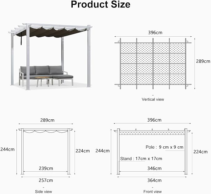 PURPLE LEAF Outdoor Retractable Pergola with Sun Shade Canopy Cover White Patio Metal Shelter for Garden Pavilion Grill Gazebo Grape Trellis Pergola