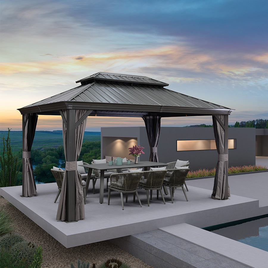 PURPLE LEAF Patio Gazebo for Backyard Grey Hardtop Galvanized Steel Roof Awning with Upgrade Curtain