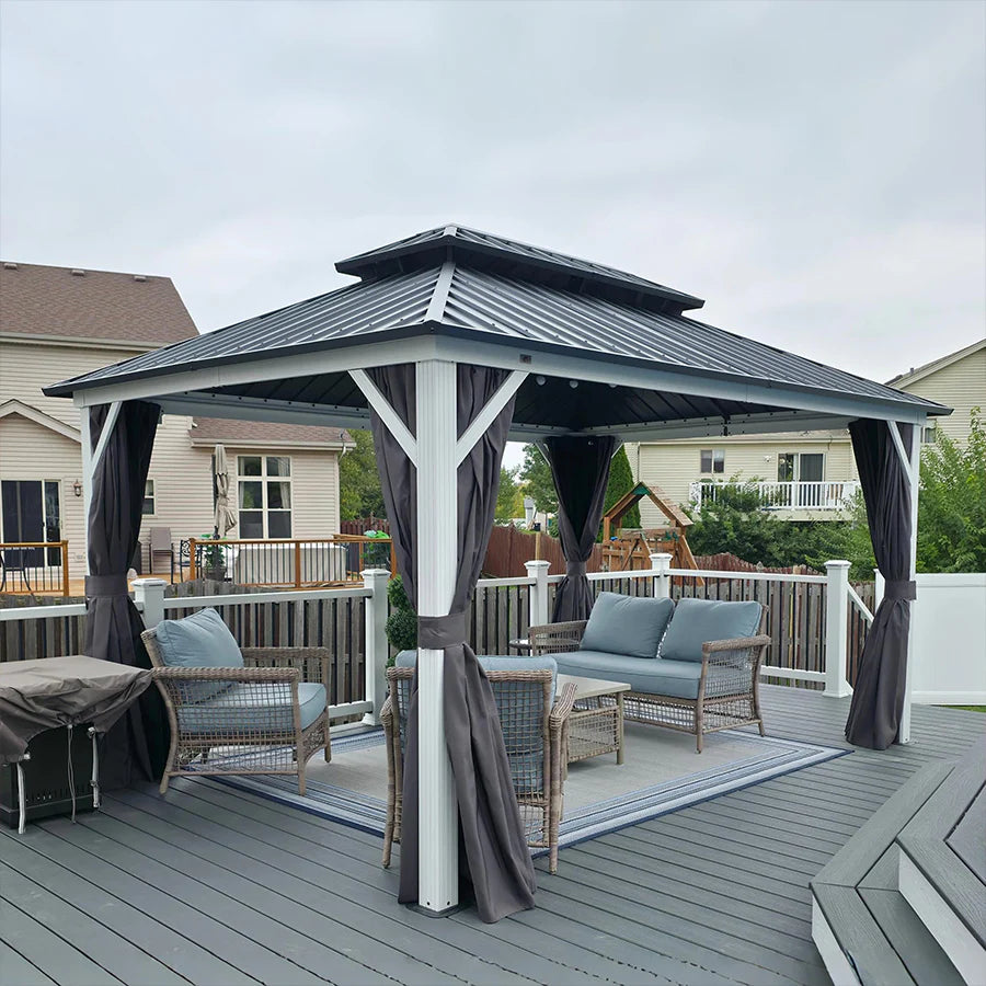 PURPLE LEAF Modern Gazebo Grey Hardtop Galvanized Steel Double Roof White Aluminum Poles with Curtains and Netting
