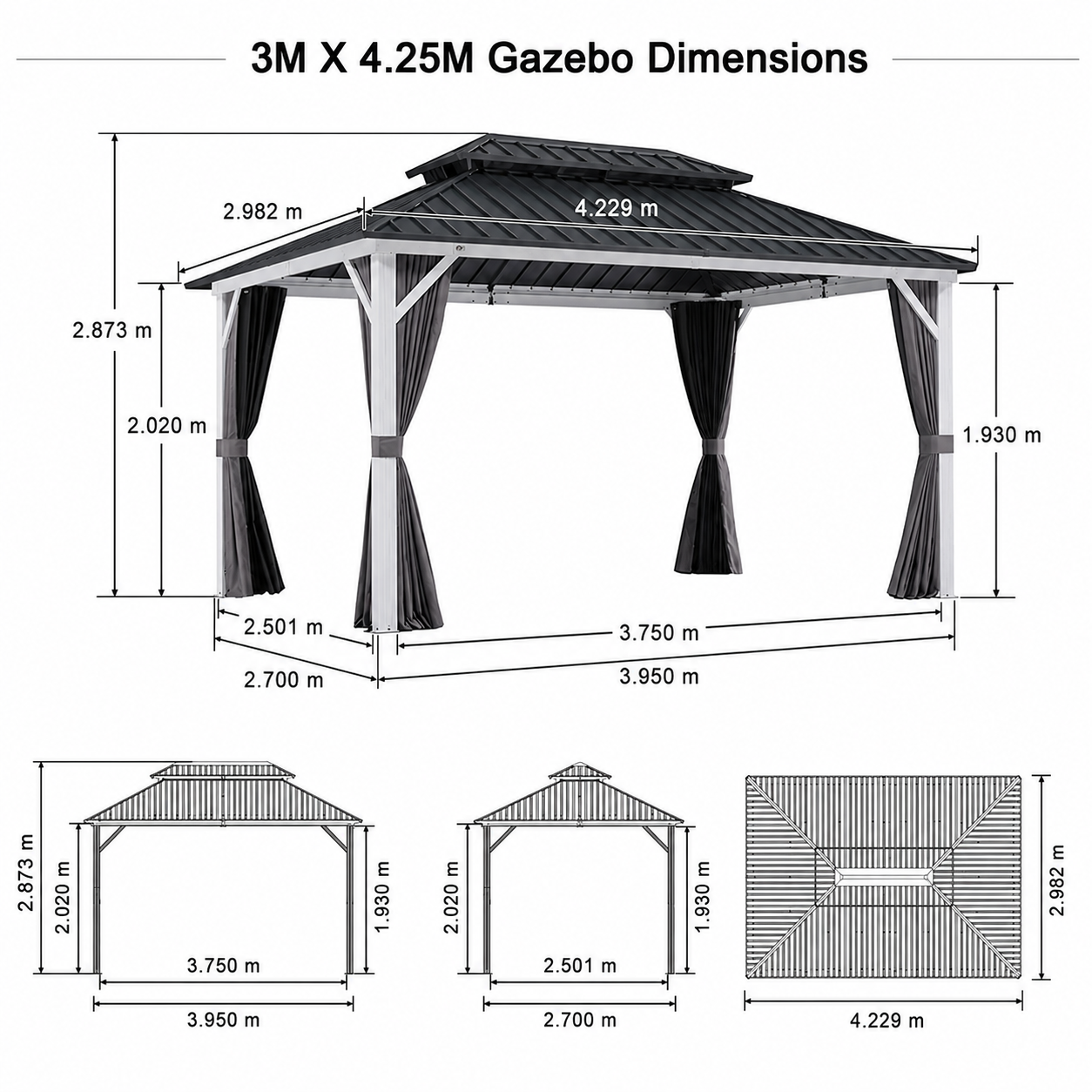 PURPLE LEAF Modern Gazebo Grey Hardtop Galvanized Steel Double Roof White Aluminum Poles with Curtains and Netting