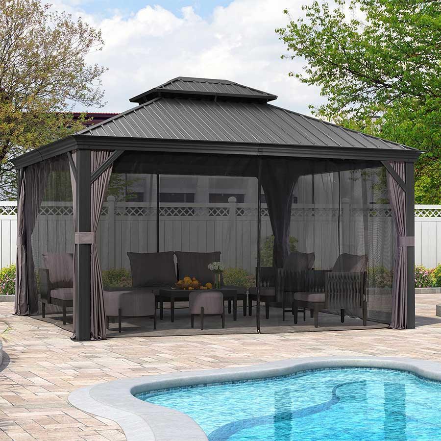 PURPLE LEAF Patio Gazebo for Backyard Grey Hardtop Galvanized Steel Roof Awning with Upgrade Curtain