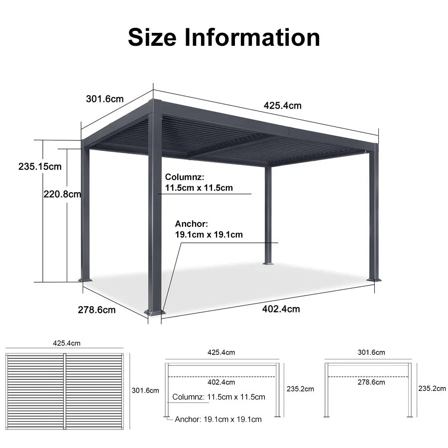 PURPLE LEAF Caesar Solar Louvered Pergola with LED Strip Lights and Control Panel Aluminum Outdoor Pergola with Adjustable Roof for Patio Deck Garden Yard Gray