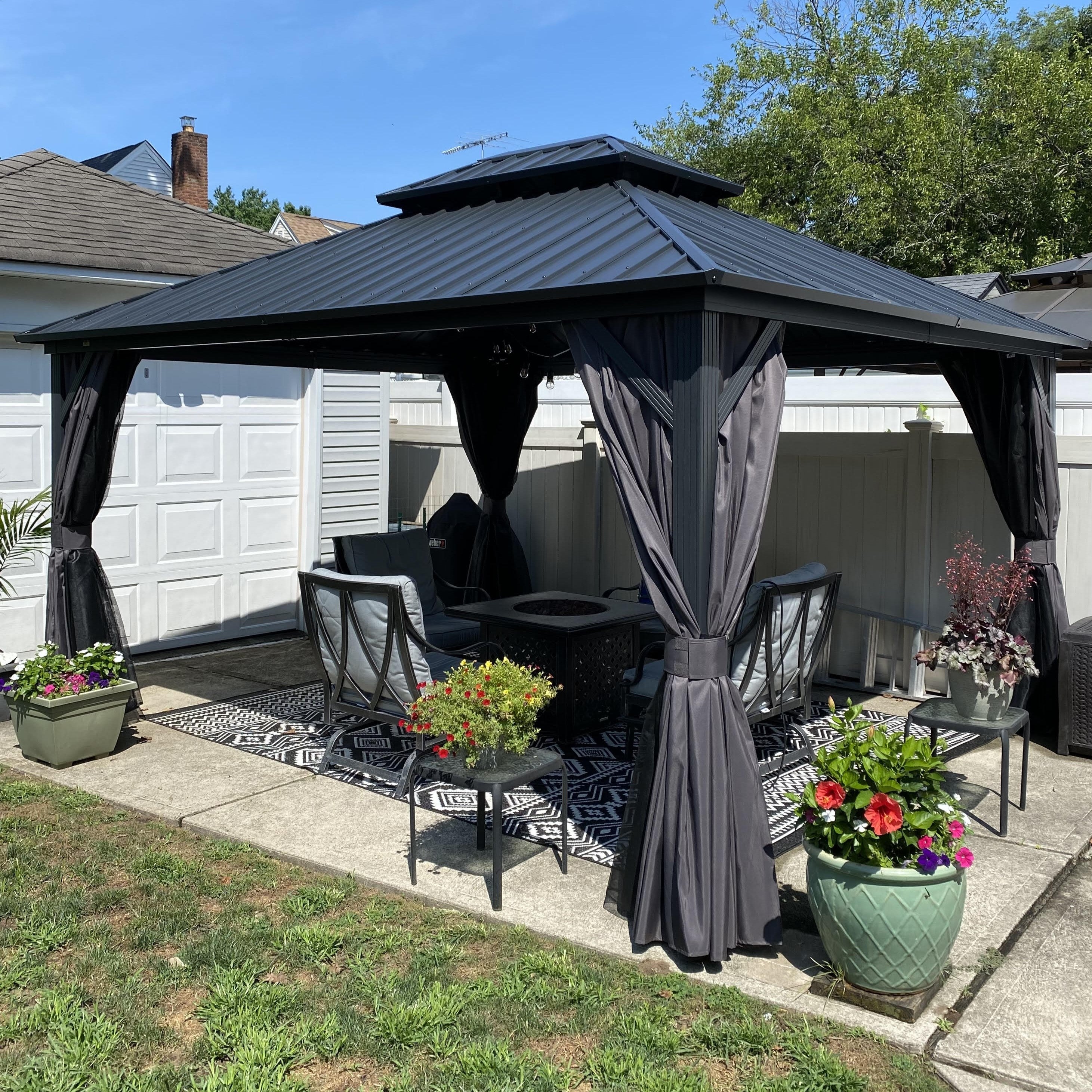 PURPLE LEAF Patio Gazebo for Backyard Grey Hardtop Galvanized Steel Roof Awning with Upgrade Curtain