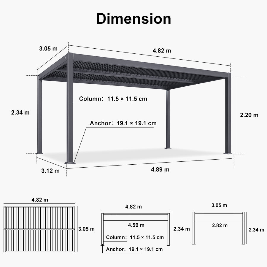 PURPLE LEAF Caesar Solar Louvered Pergola with LED Strip Lights and Control Panel Aluminum Outdoor Pergola with Adjustable Roof for Patio Deck Garden Yard Gray