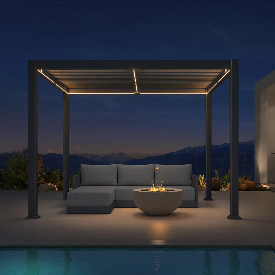 PURPLE LEAF Caesar Solar Louvered Pergola with LED Strip Lights and Control Panel Aluminum Outdoor Pergola with Adjustable Roof for Patio Deck Garden Yard Gray