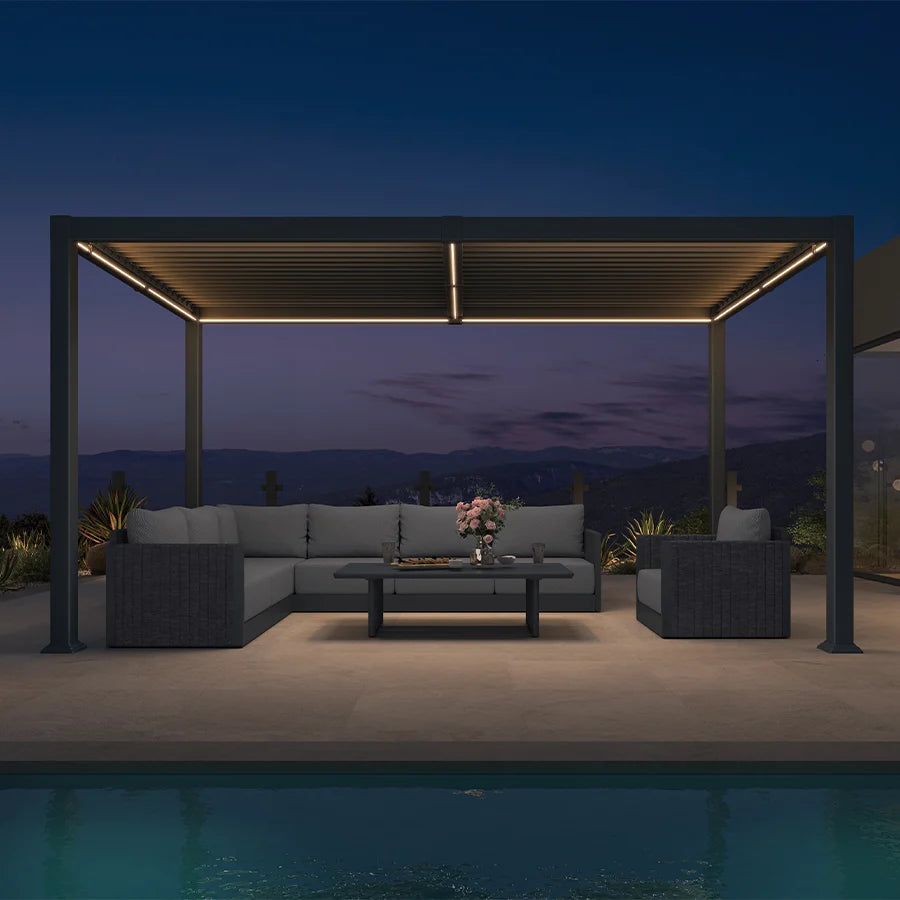 PURPLE LEAF Caesar Solar Louvered Pergola with LED Strip Lights and Control Panel Aluminum Outdoor Pergola with Adjustable Roof for Patio Deck Garden Yard Gray