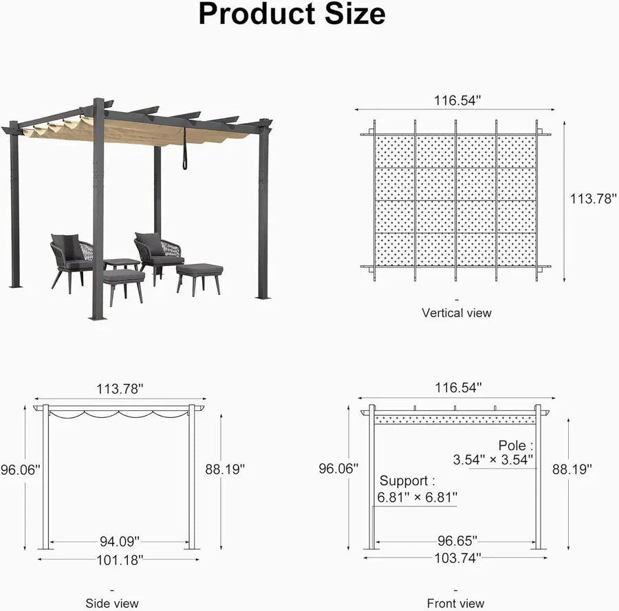 PURPLE LEAF Outdoor Retractable Pergola with Sun Shade Canopy Patio Aluminum Pergola for Garden