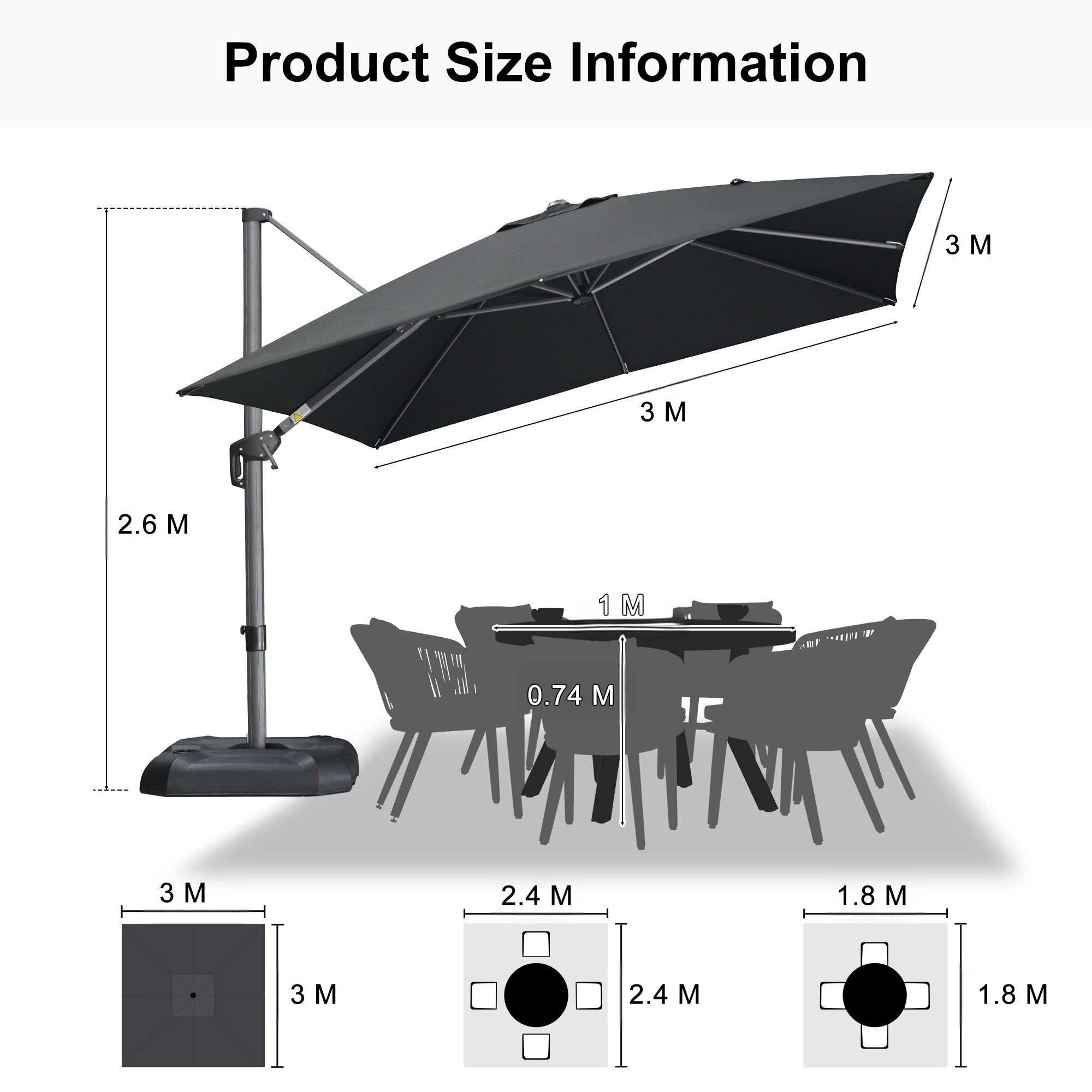 PURPLE LEAF Outdoor Umbrella Square Aluminium Cantilever Umbrella with 360° Rotation for Garden pool beach