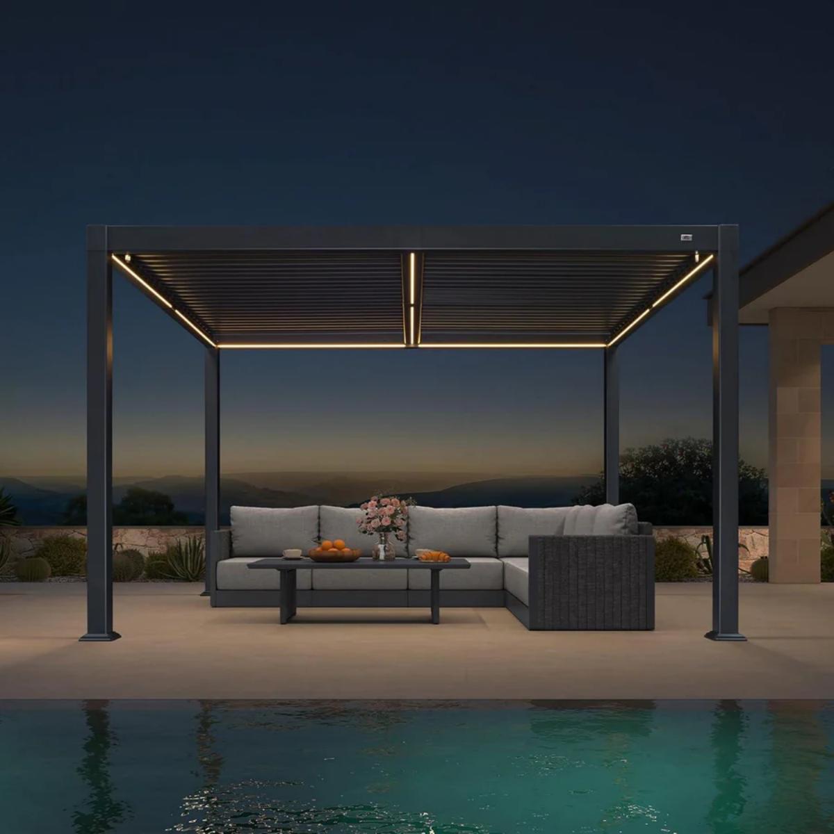 PURPLE LEAF Caesar Solar Louvered Aluminum Pergola with LED Lights and Control Panel Adjustable Roof for Patio and Garden Grey