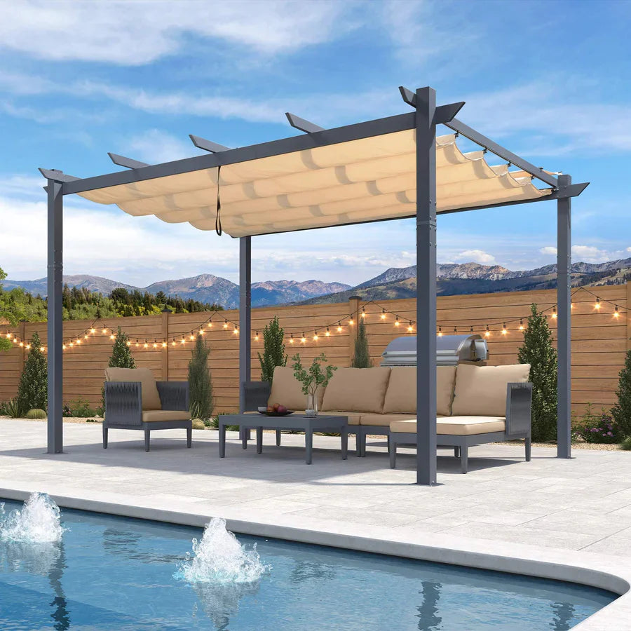 PURPLE LEAF Patio Retractable Pergola with Shade Canopy Modern Grill Gazebo Metal Shelter Pavilion for Porch Deck Garden Backyard Outdoor Pergola