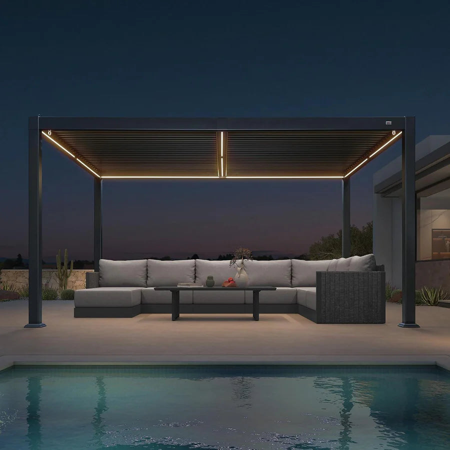 PURPLE LEAF Caesar Solar Louvered Aluminum Pergola with LED Lights and Control Panel Adjustable Roof for Patio and Garden Grey