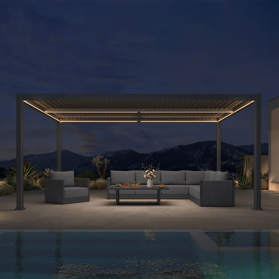 PURPLE LEAF Caesar Solar Louvered Pergola with LED Strip Lights and Control Panel Aluminum Outdoor Pergola with Adjustable Roof for Patio Deck Garden Yard Gray