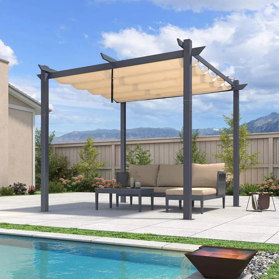 PURPLE LEAF Patio Retractable Pergola with Shade Canopy Modern Grill Gazebo Metal Shelter Pavilion for Porch Deck Garden Backyard Outdoor Pergola