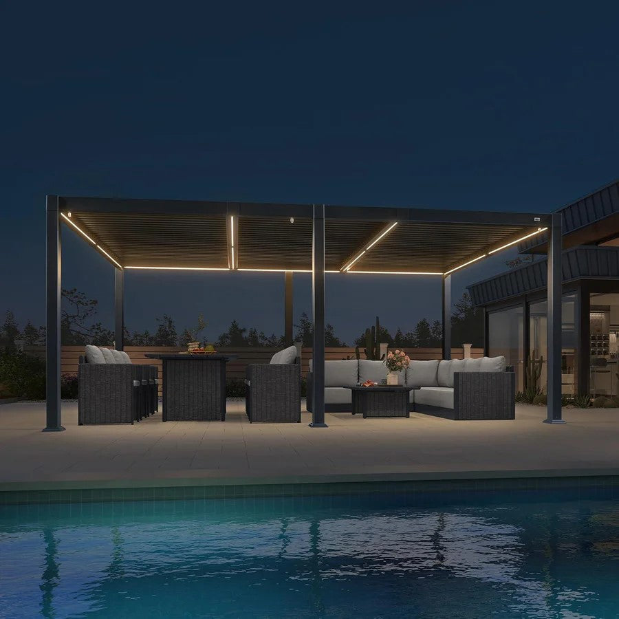 PURPLE LEAF Caesar Solar Louvered Aluminum Pergola with LED Lights and Control Panel Adjustable Roof for Patio and Garden Grey