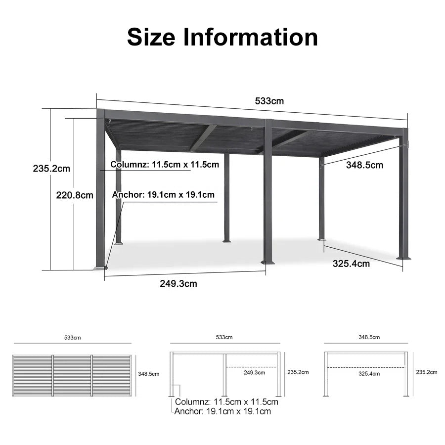 PURPLE LEAF Caesar Solar Louvered Pergola with LED Strip Lights and Control Panel Aluminum Outdoor Pergola with Adjustable Roof for Patio Deck Garden Yard Gray