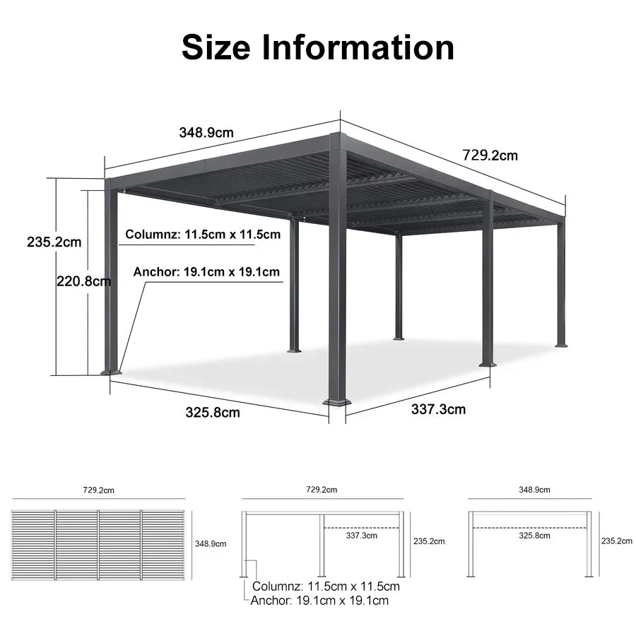 PURPLE LEAF Caesar Solar Louvered Pergola with LED Strip Lights and Control Panel Aluminum Outdoor Pergola with Adjustable Roof for Patio Deck Garden Yard Gray