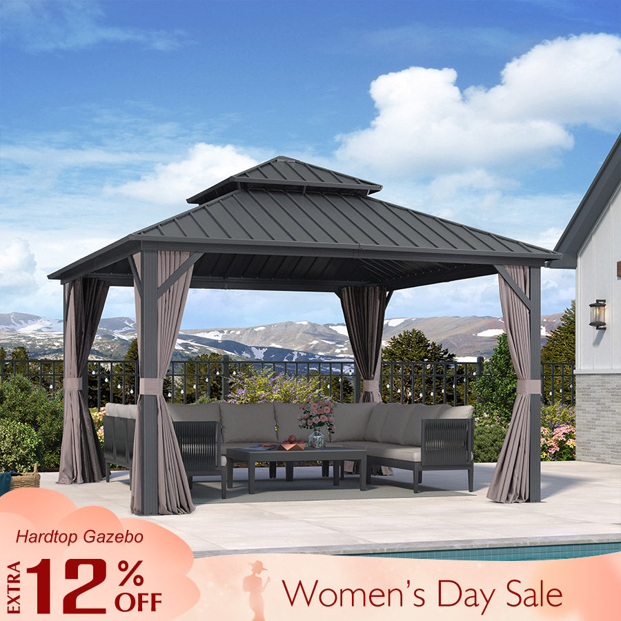 PURPLE LEAF Grey Hardtop Gazebo with Heavy Duty Galvanized Steel Double Roof with Netting and Curtains