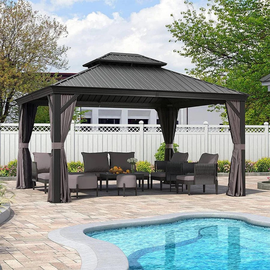 PURPLE LEAF Patio Gazebo for Backyard Grey Hardtop Galvanized Steel Roof Awning with Upgrade Curtain