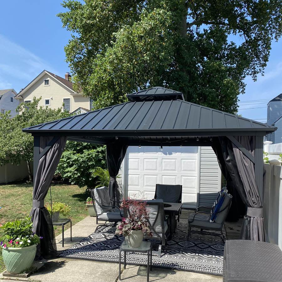 PURPLE LEAF Grey Hardtop Gazebo with Heavy Duty Galvanized Steel Double Roof with Netting and Curtains
