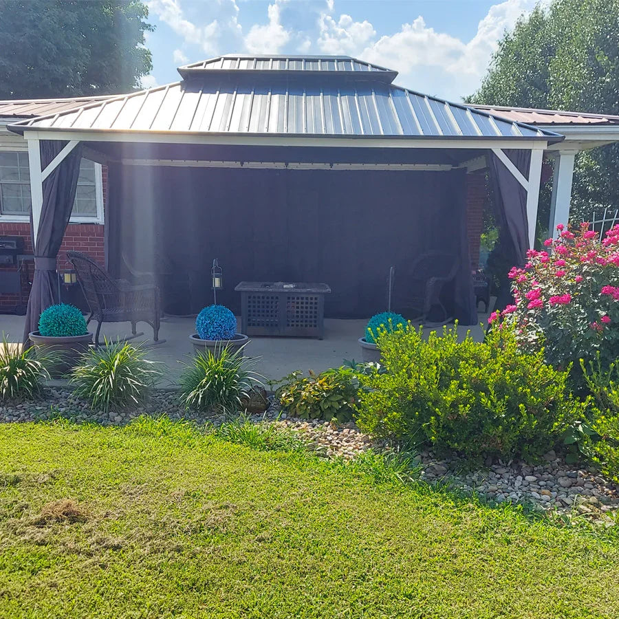 PURPLE LEAF Modern Gazebo Grey Hardtop Galvanized Steel Double Roof White Aluminum Poles with Curtains and Netting