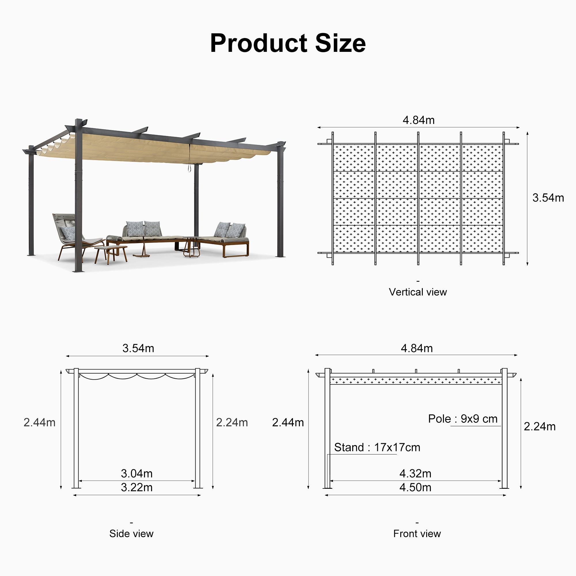 PURPLE LEAF Outdoor Retractable Pergola with Sun Shade Canopy Patio Aluminum Pergola for Garden