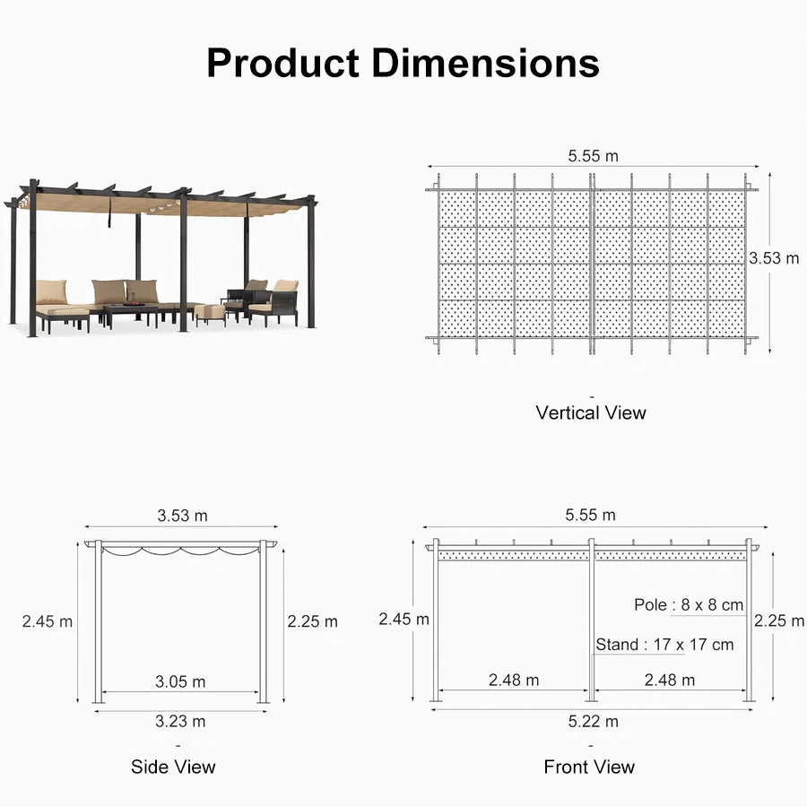 PURPLE LEAF Outdoor Retractable Pergola with Sun Shade Canopy Patio Aluminum Pergola for Garden