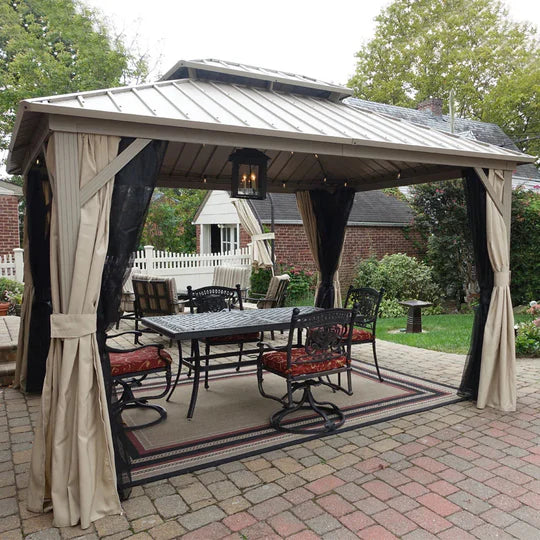 PURPLE LEAF Deck Gazebo Champagne Hardtop Metal Frame Double Roof with Curtains and Netting