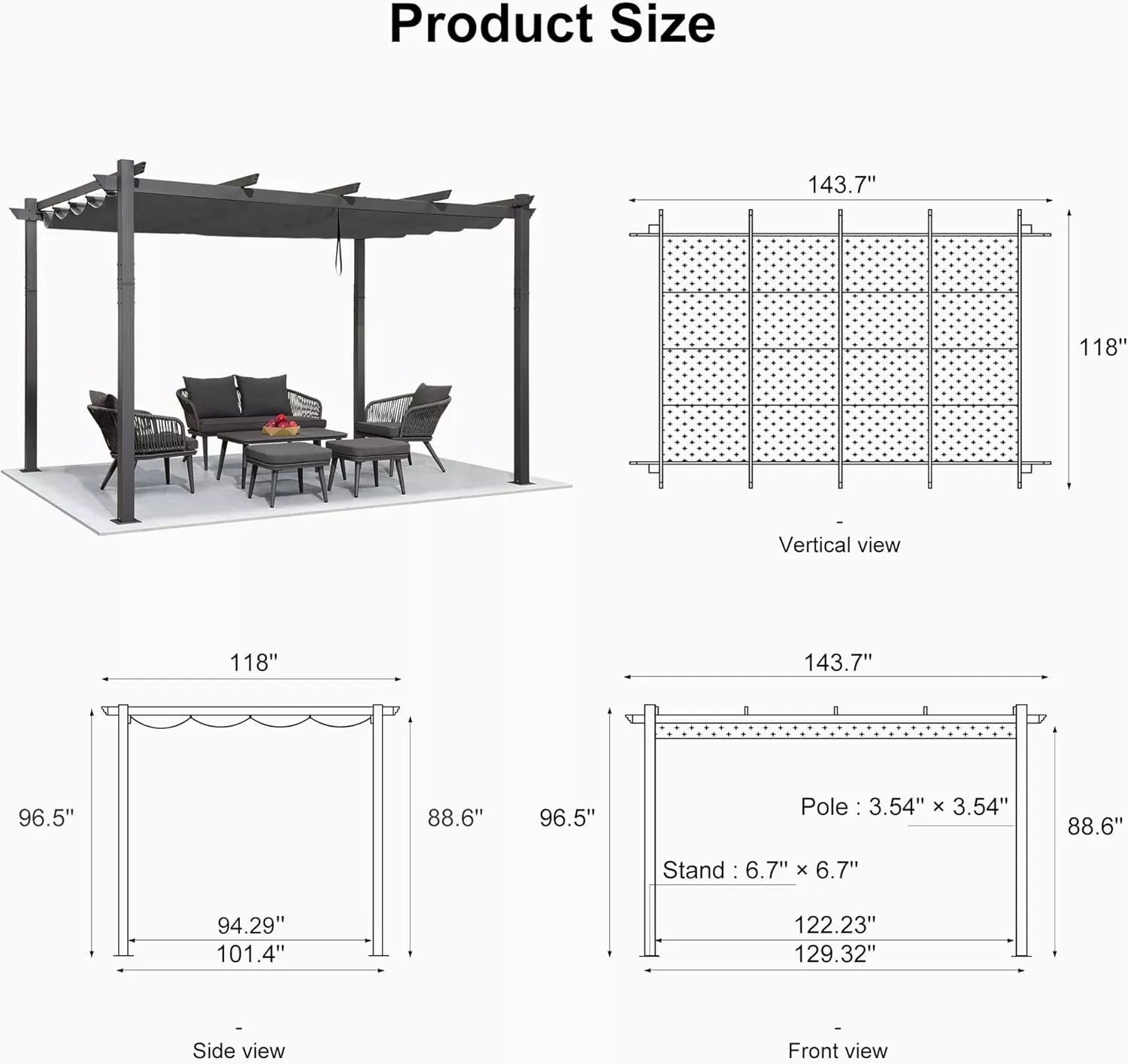 PURPLE LEAF 10 x 13 ft Outdoor Retractable Pergola with Sun Shade Canopy Patio Aluminum Pergola for Garden